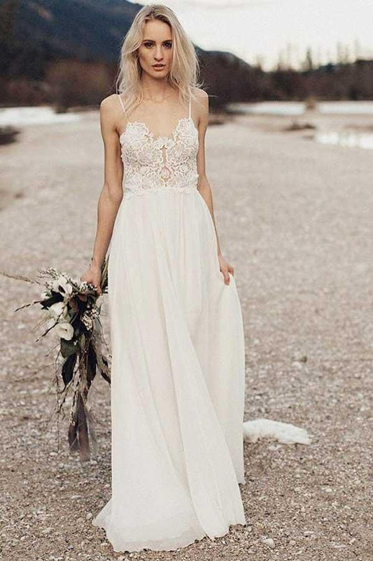 A-Line Spaghetti Straps Long Chiffon Wedding Dress with Lace