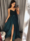 Robe de bal longue jusqu'au sol en satin soyeux avec bretelles fines en forme de A, sans manches, ornée de dentelle