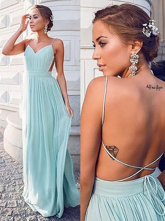 Vestidos de fiesta de gasa fruncida, sin mangas, con tirantes finos y corte en A