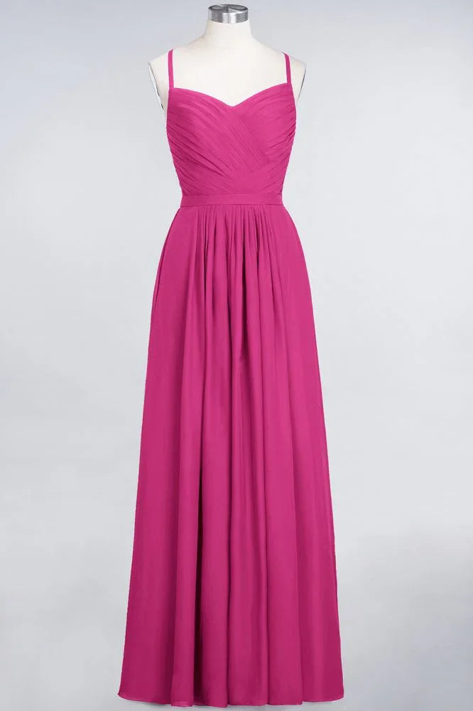 فستان وصيفات سهرة طويل من الشيفون بدون أكمام بحمالات رفيعة على شكل قلب مع كشكش على شكل حرف A