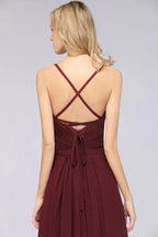 فستان وصيفات سهرة طويل من الشيفون بدون أكمام بحمالات رفيعة على شكل قلب مع كشكش على شكل حرف A