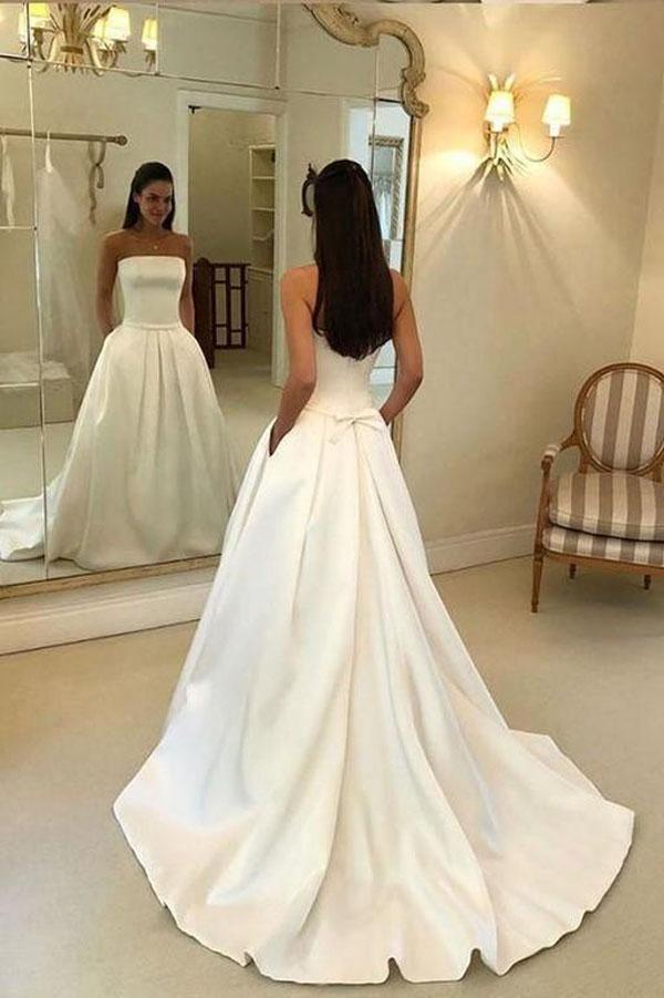 Robe de mariée ivoire en satin, ligne A, sans bretelles, dos ouvert, avec poches