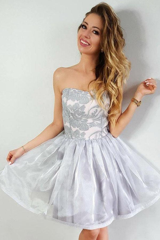 A-Linie, trägerlos, kurzes Organza-Heimkehr-Partykleid mit Applikationen