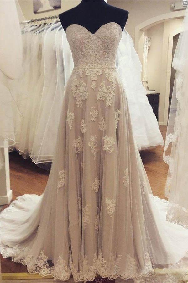 Vestidos de novia de corte A sin tirantes, escote corazón y apliques de encaje