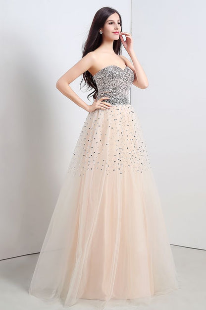 Vestido de fiesta de tul sin tirantes, corte A y lentejuelas