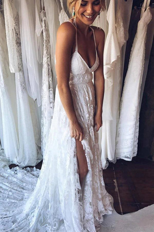 Robe de mariée trapèze en dentelle à bretelles et dos nu avec traîne au sol WD108