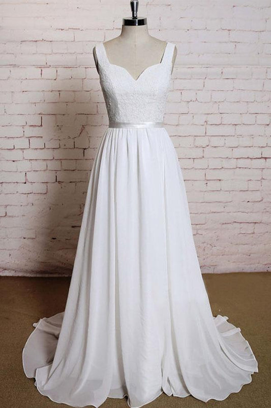 Robe de mariée trapèze à bretelles et traîne en mousseline de soie avec appliques et dos nu WD172