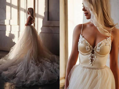 Vestido de novia largo con tirantes en forma de A, largo hasta el suelo y cuentas