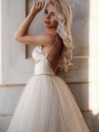 A-Linie Träger Bodenlang Perlenbesetztes Brautkleid Langes Ballkleid