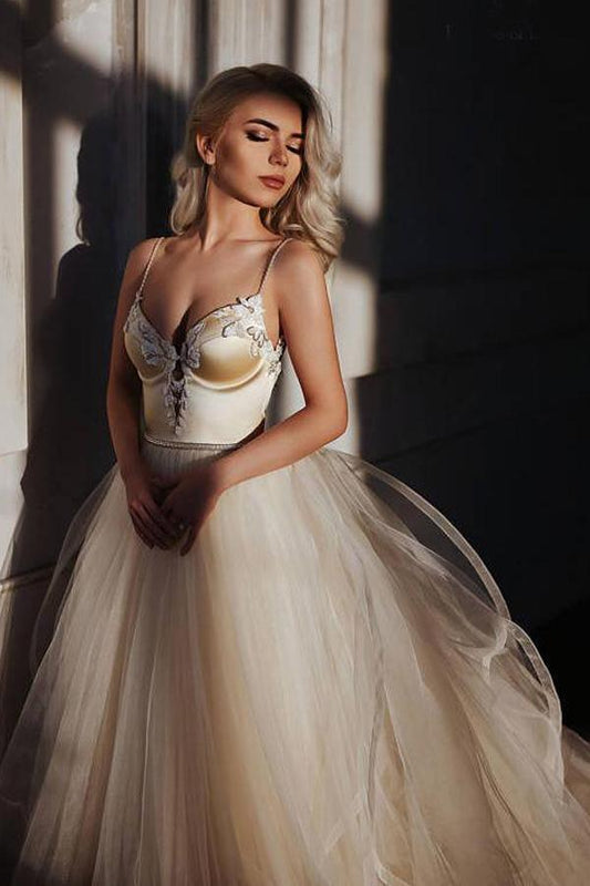 A-Linie Träger Bodenlang Perlenbesetztes Brautkleid Langes Ballkleid