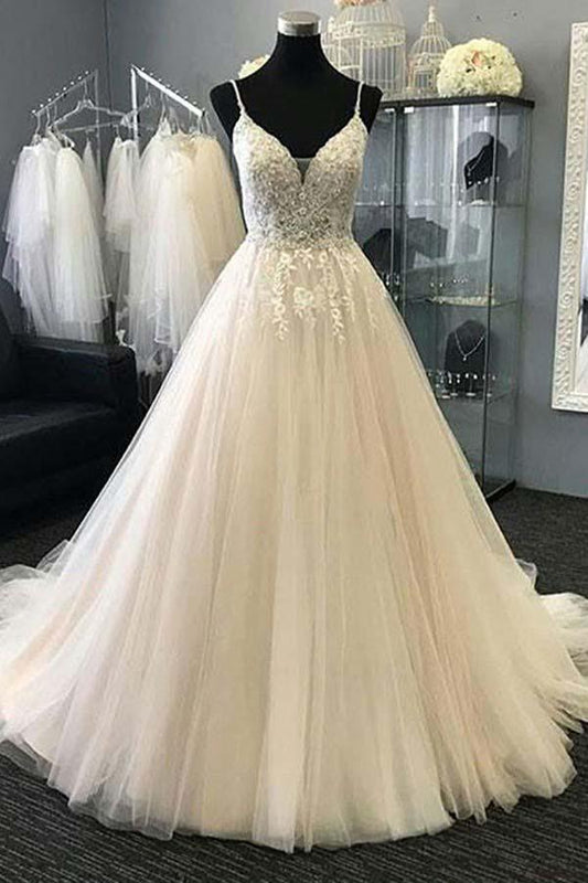 Robe de mariée en tulle ivoire à bretelles trapèze avec appliques et perles WD228