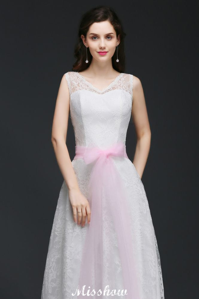 A-line Straps White Wedding Dress With Bowknot