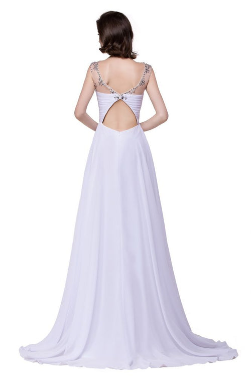 Vestido de noite em chiffon com decote coração e corte em linha A, adornado com cristais