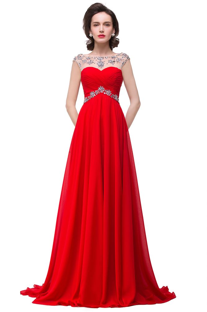 Abito da sera in chiffon con scollo a cuore e linea a trapezio decorato con cristalli