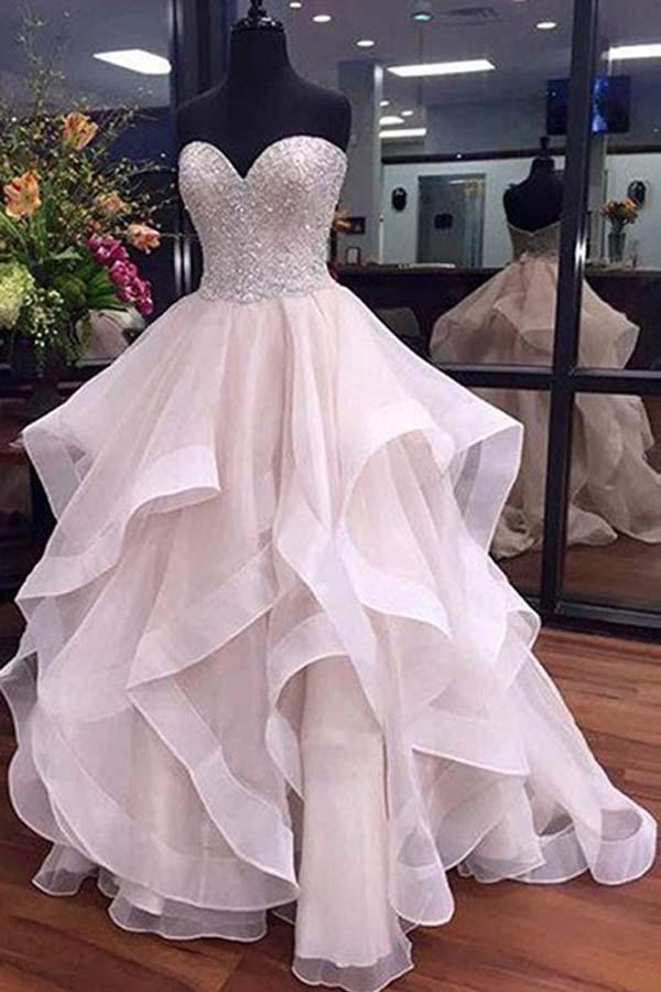 Abito da sposa in organza a linea ad A, lungo fino al pavimento, con scollo a cuore e perline