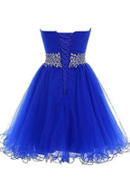 Robe de bal retour en ligne A, corsage cœur, courte, en tulle, à lacets, bleu royal