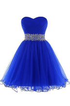 Robe de bal retour en ligne A, corsage cœur, courte, en tulle, à lacets, bleu royal