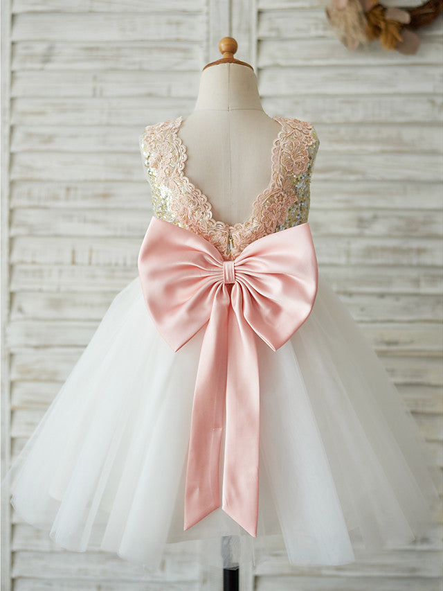 A-Line Tulle Sequined Sleeveless Jewel Neck Wedding Birthday Pageant Flower Girl Dresses