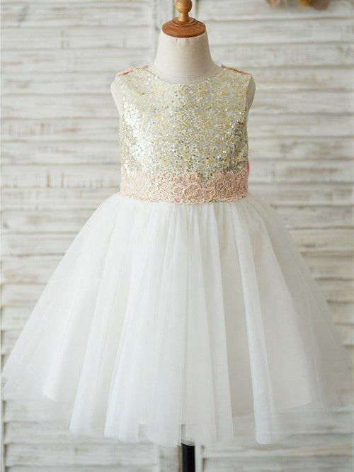 A Line Sleeveless Tulle Sequin Applique Jewel Neck Flower Girl Dress - photo 1