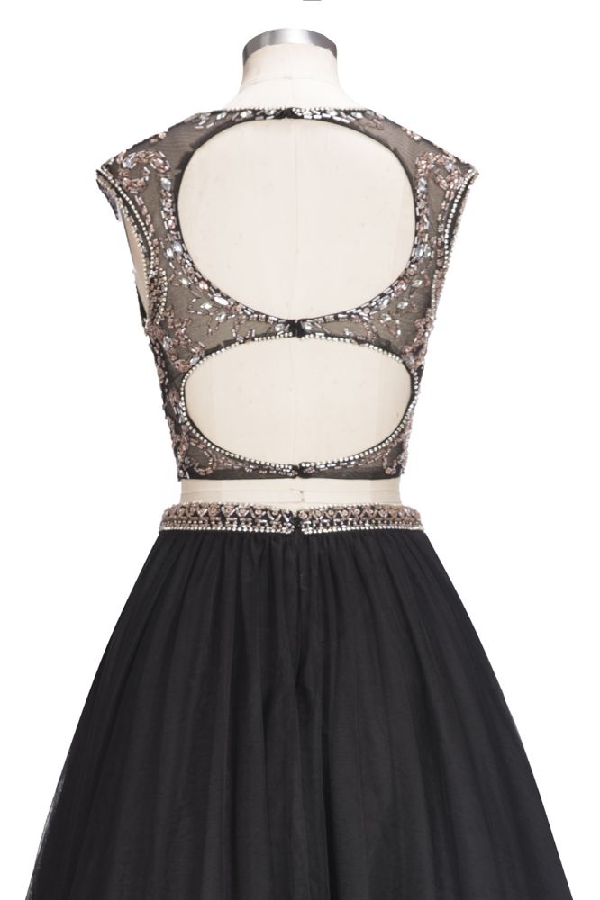 Vestido de Baile Comprido até ao Chão, Sem Mangas, Tamanho Grande, com Padrões de Cristais, Modelo em Dois Peças e Corte em A