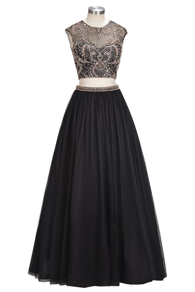 Vestido de Baile Comprido até ao Chão, Sem Mangas, Tamanho Grande, com Padrões de Cristais, Modelo em Dois Peças e Corte em A