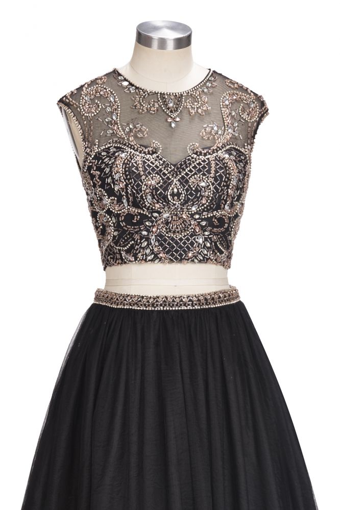 Vestido de Baile Comprido até ao Chão, Sem Mangas, Tamanho Grande, com Padrões de Cristais, Modelo em Dois Peças e Corte em A