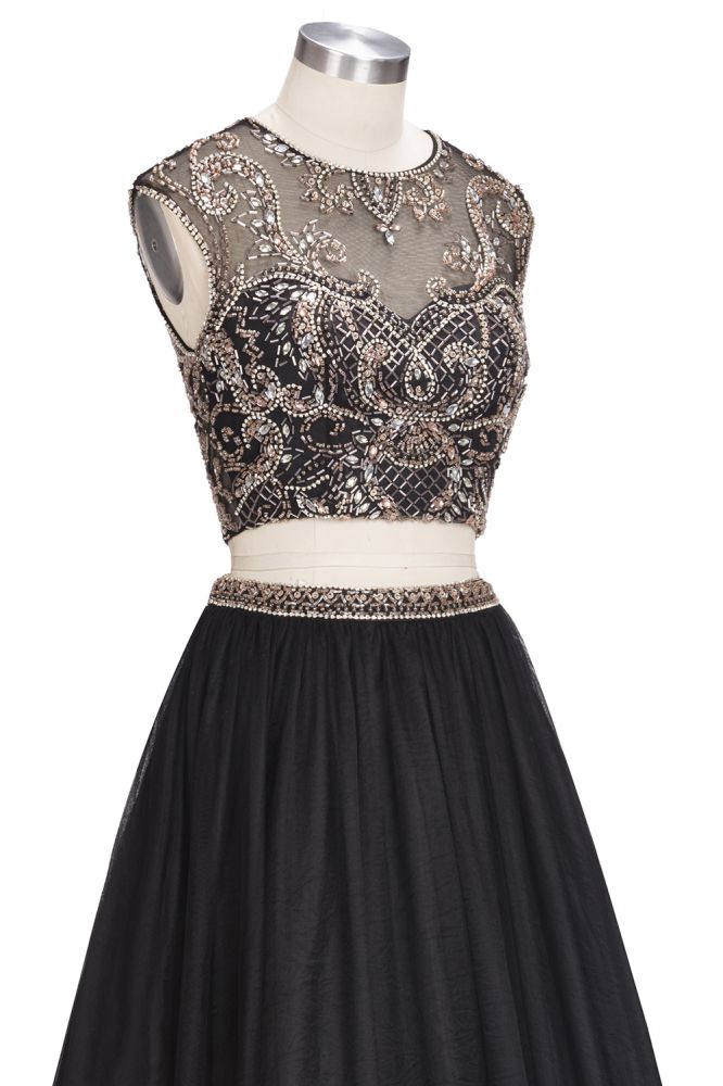 Vestido de Baile Comprido até ao Chão, Sem Mangas, Tamanho Grande, com Padrões de Cristais, Modelo em Dois Peças e Corte em A