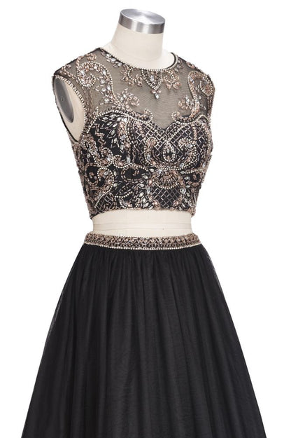 Vestidos de fiesta de dos piezas, corte A, largo hasta el suelo, sin mangas, talla grande, con estampados de cristales