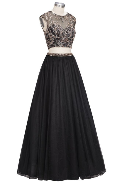 Vestidos de fiesta de dos piezas, corte A, largo hasta el suelo, sin mangas, talla grande, con estampados de cristales