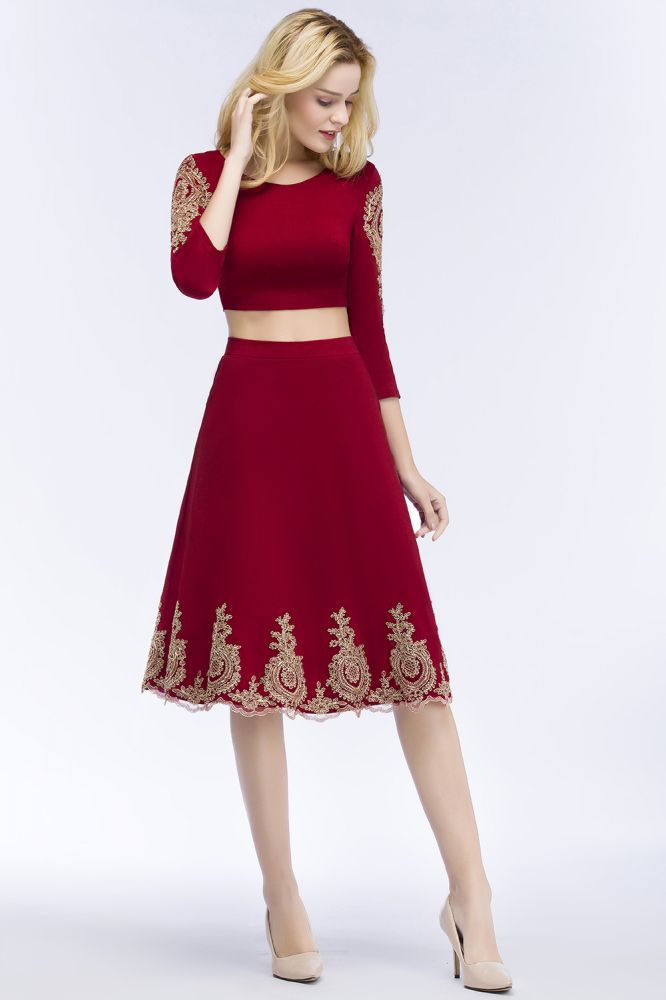 A-line Two-piece Plus Size Tea Length Long Sleeves Appliques Homecoming Dresses