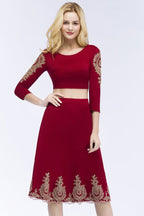 A-line Two-piece Plus Size Tea Length Long Sleeves Appliques Homecoming Dresses