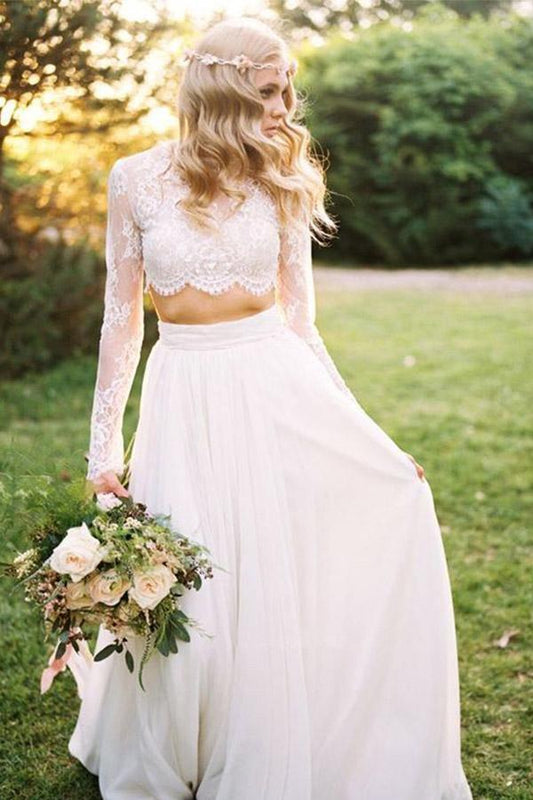 Robe de mariée de plage en dentelle à manches longues et col rond en deux pièces WD463
