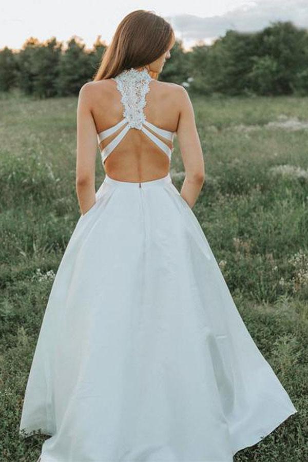 Vestidos de novia blancos de encaje de dos piezas con bolsillos y corte en A