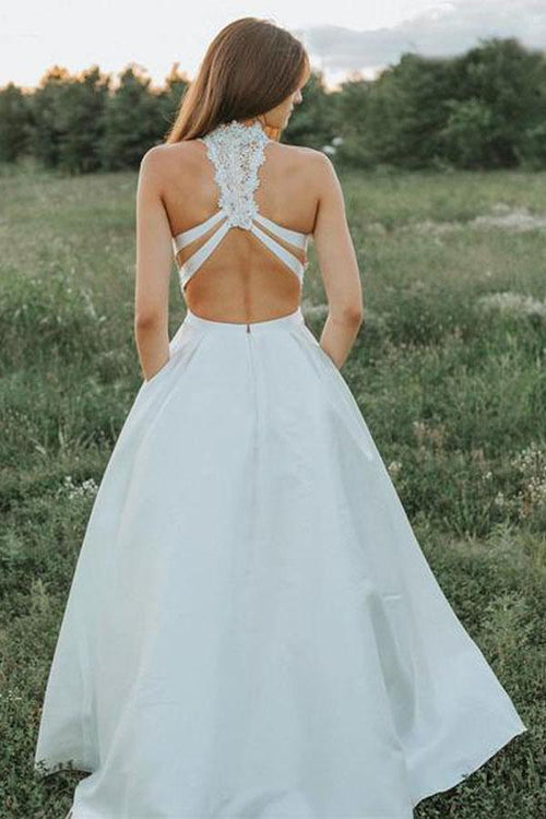 Vestidos de novia blancos de encaje de dos piezas con bolsillos y corte en A