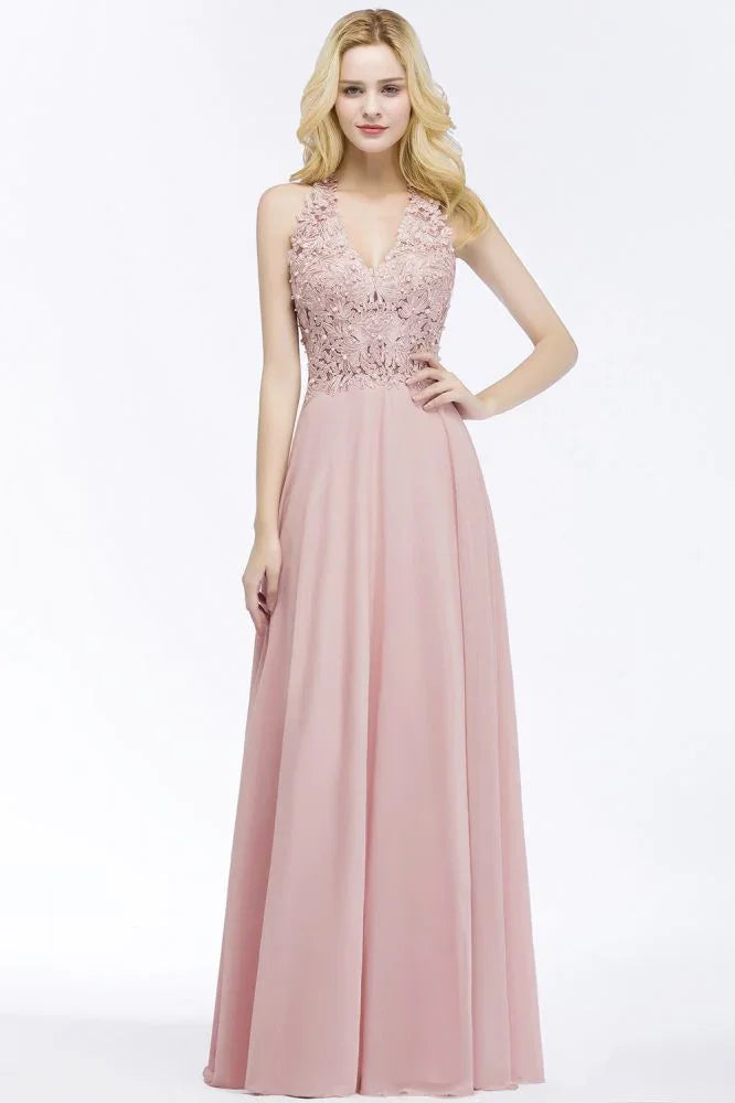 Abito lungo da sera in chiffon con scollo a V a linea ad A, applicazioni, senza maniche, abito da damigella d'onore