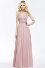 Abito lungo da sera in chiffon con scollo a V a linea ad A, applicazioni, senza maniche, abito da damigella d'onore