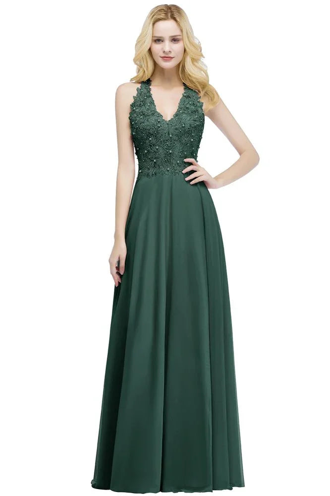 Abito lungo da sera in chiffon con scollo a V a linea ad A, applicazioni, senza maniche, abito da damigella d'onore