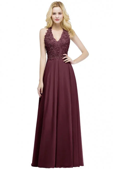 Abito lungo da sera in chiffon con scollo a V a linea ad A, applicazioni, senza maniche, abito da damigella d'onore