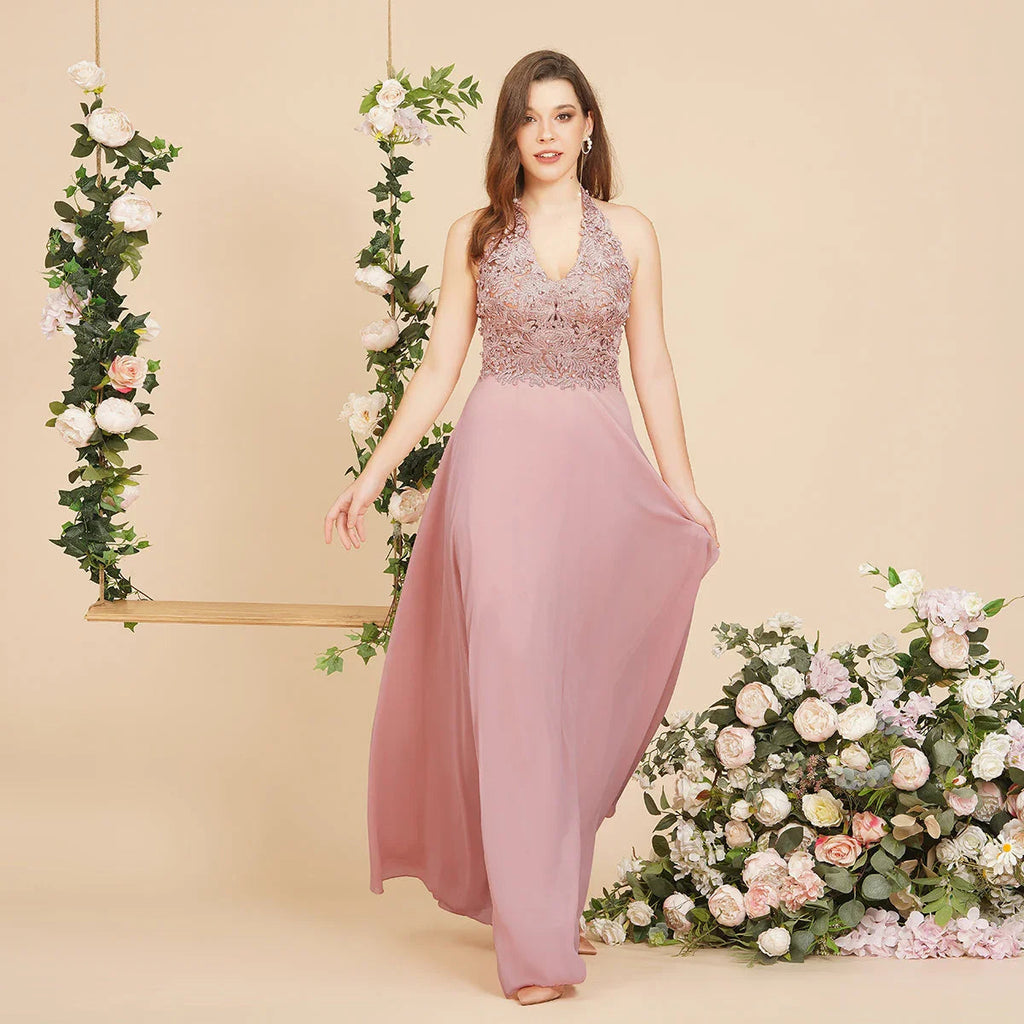 Abito lungo da sera in chiffon con scollo a V a linea ad A, applicazioni, senza maniche, abito da damigella d'onore