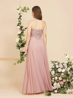Abito lungo da sera in chiffon con scollo a V a linea ad A, applicazioni, senza maniche, abito da damigella d'onore