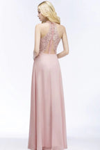 Abito lungo da sera in chiffon con scollo a V a linea ad A, applicazioni, senza maniche, abito da damigella d'onore