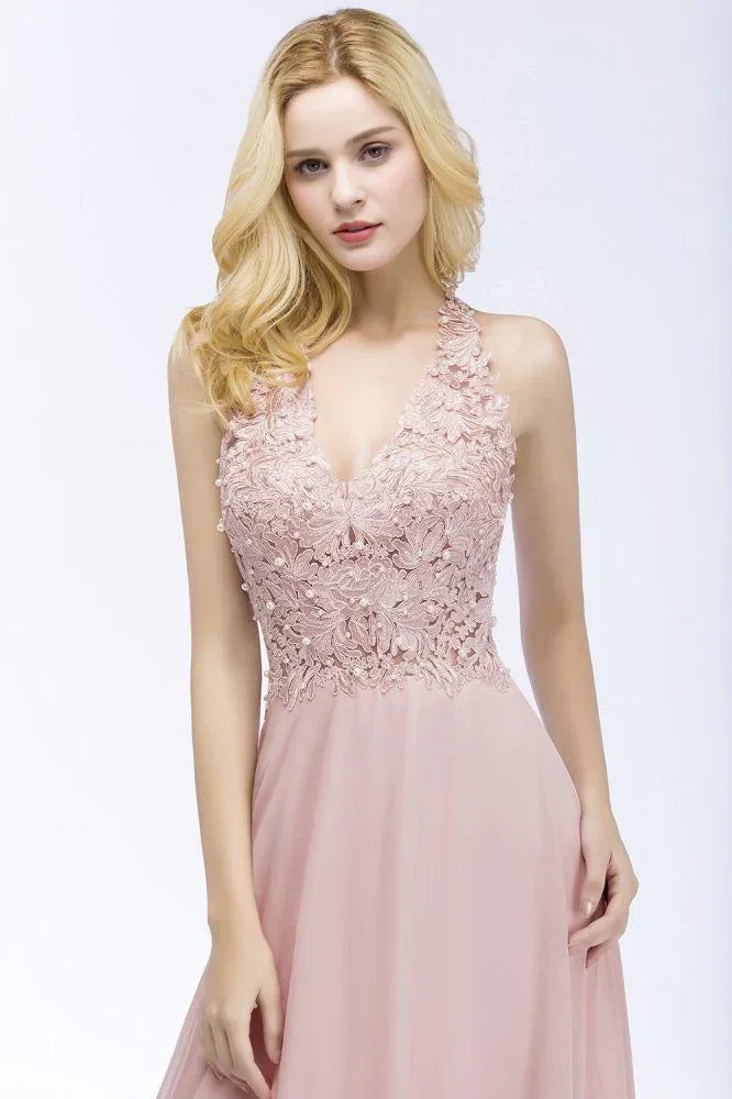 Abito lungo da sera in chiffon con scollo a V a linea ad A, applicazioni, senza maniche, abito da damigella d'onore