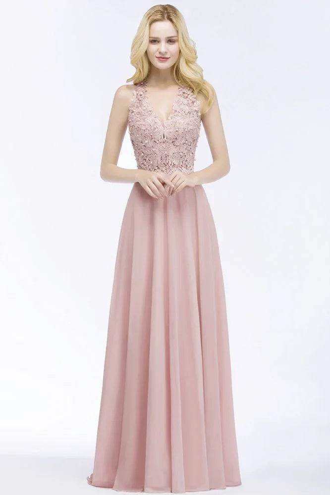 Abito lungo da sera in chiffon con scollo a V a linea ad A, applicazioni, senza maniche, abito da damigella d'onore