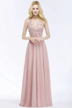 Abito lungo da sera in chiffon con scollo a V a linea ad A, applicazioni, senza maniche, abito da damigella d'onore