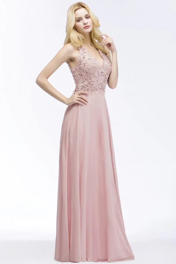 Abito lungo da sera in chiffon con scollo a V a linea ad A, applicazioni, senza maniche, abito da damigella d'onore