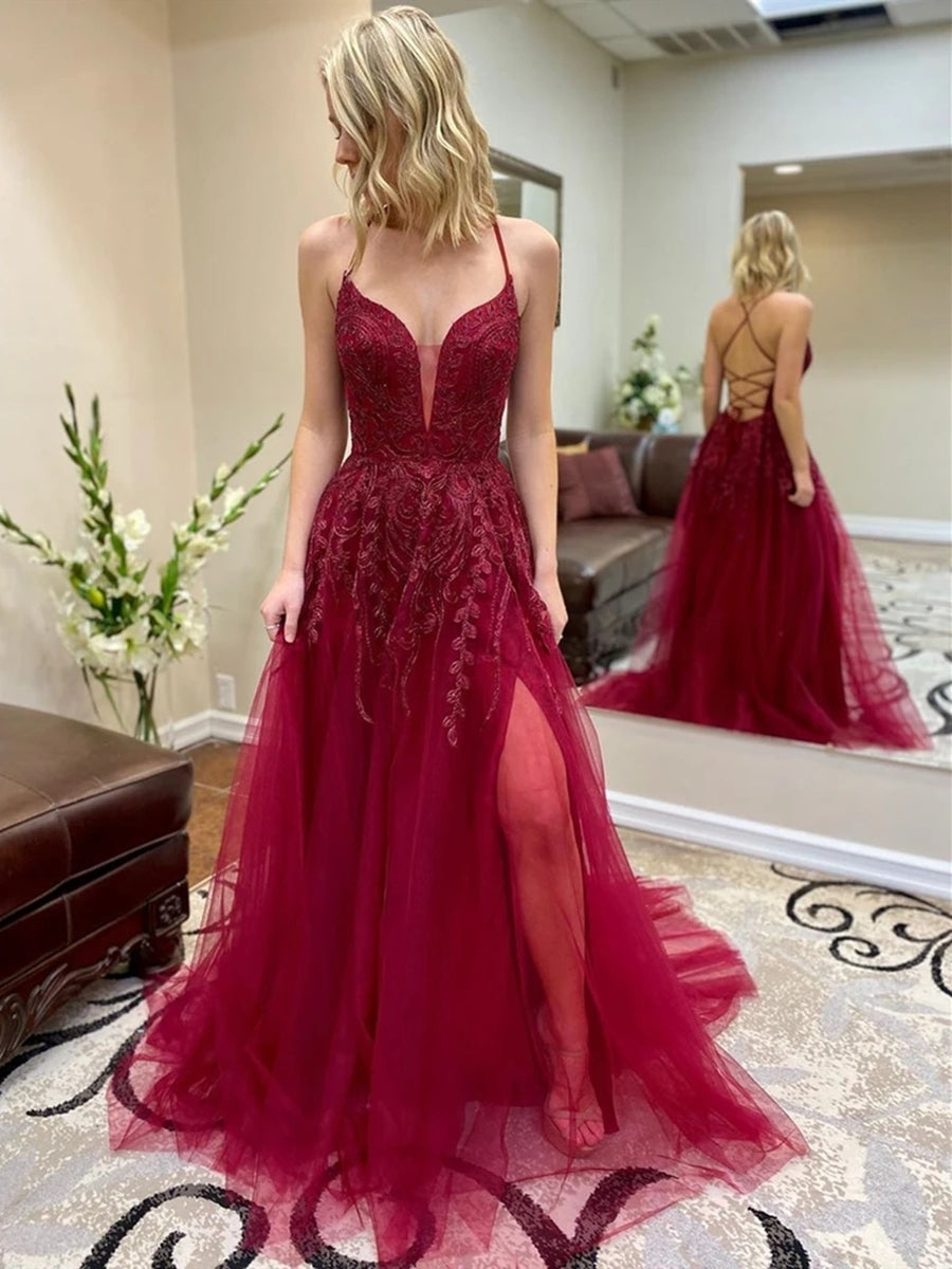 A-Linie V-Ausschnitt Rückenfreies Langes Ballkleid aus Spitze mit Schlitz Rückenfreies Abendkleid aus burgunderrotem Tüll