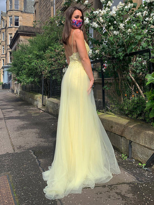 Robe longue de bal en dentelle jaune, ligne A, col en V, dos nu, fendue, robe de soirée formelle