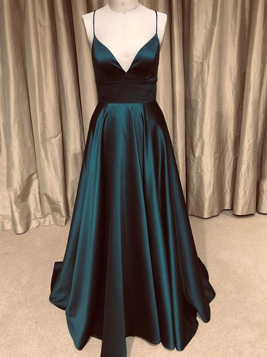 Vestidos de fiesta largos, sencillos, de corte A, con escote en V y espalda descubierta, de color verde oscuro.