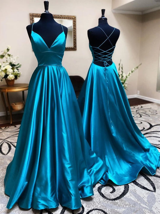 Vestidos de fiesta largos de satén con escote en V y espalda descubierta, de corte A y formales para graduación y noche.