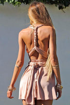 Vestido de fiesta corto convertible de corte A con escote en V, color verde